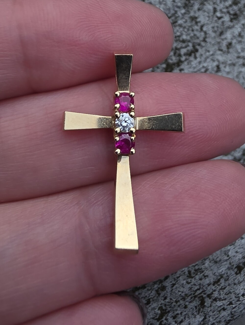 Vintage 14k Solid Gold Diamond And Ruby Cross Pendant